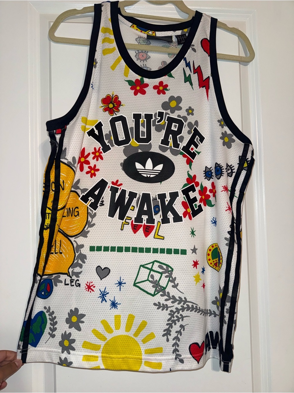 Adidas Pharrell Williams "You're Awake" Color Doodle Jersey vibrant, hand drawn